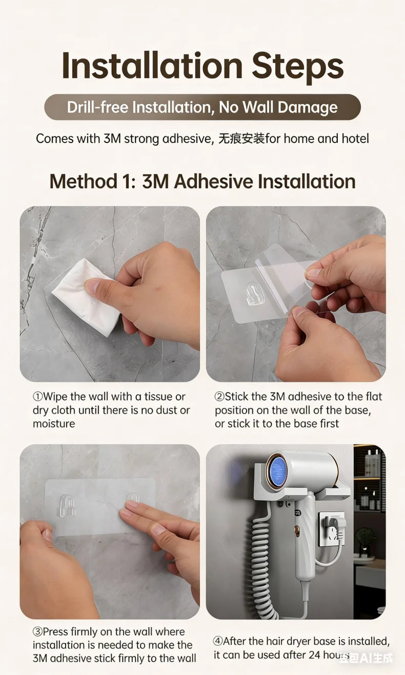 White wall-mounted 1800W hair dryer with LED temp display and 3M drill-free adhesive installation guide for bathroom.