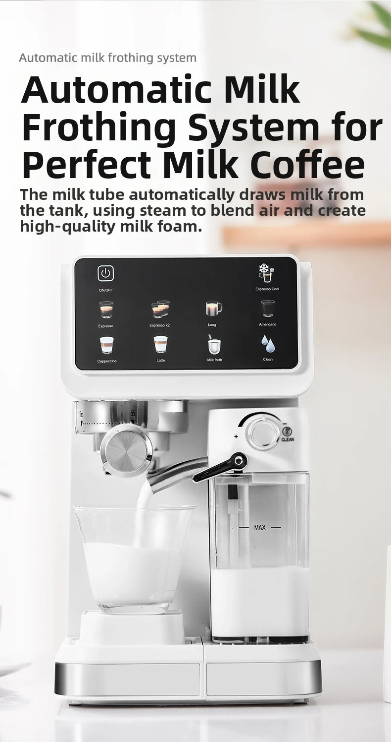 White automatic espresso machine with touchscreen, milk frother, and clear milk tank for lattes and cappuccinos.