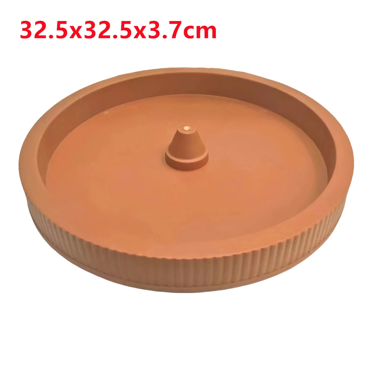 Brown round planter tray with ribbed sides and central raised stand opening.