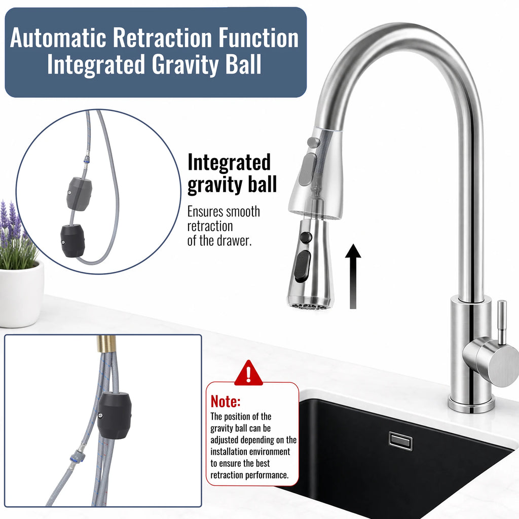 Stainless Steel Faucet Kitchen Faucet Sink Faucet with Pull Down Sprayer Hot and Cold Dual Control Bar Sink Faucet Rotation Faucet Showerhead and Bubble Water Flow