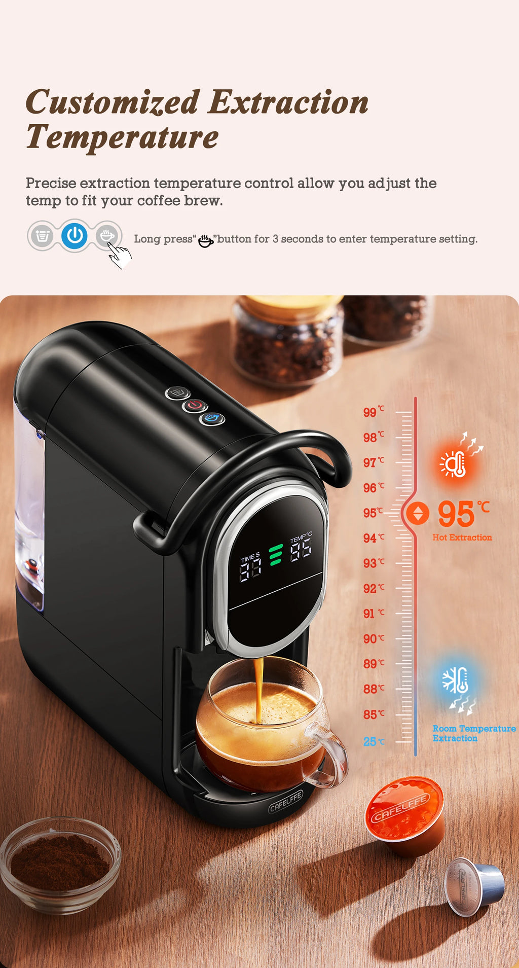 Black Cafelffe capsule coffee maker with digital temperature display, precision control, and glass cup on wood table.