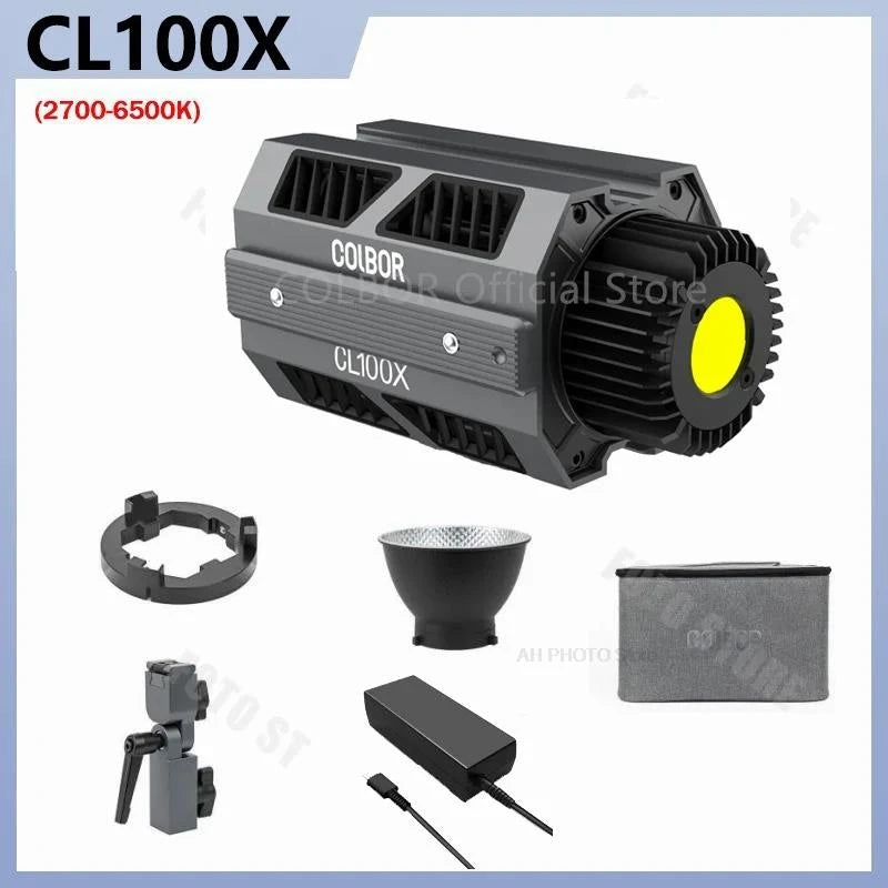 CL100X video light with cooling vents, LED COB, reflector, power adapter, mount, and carry case for photography