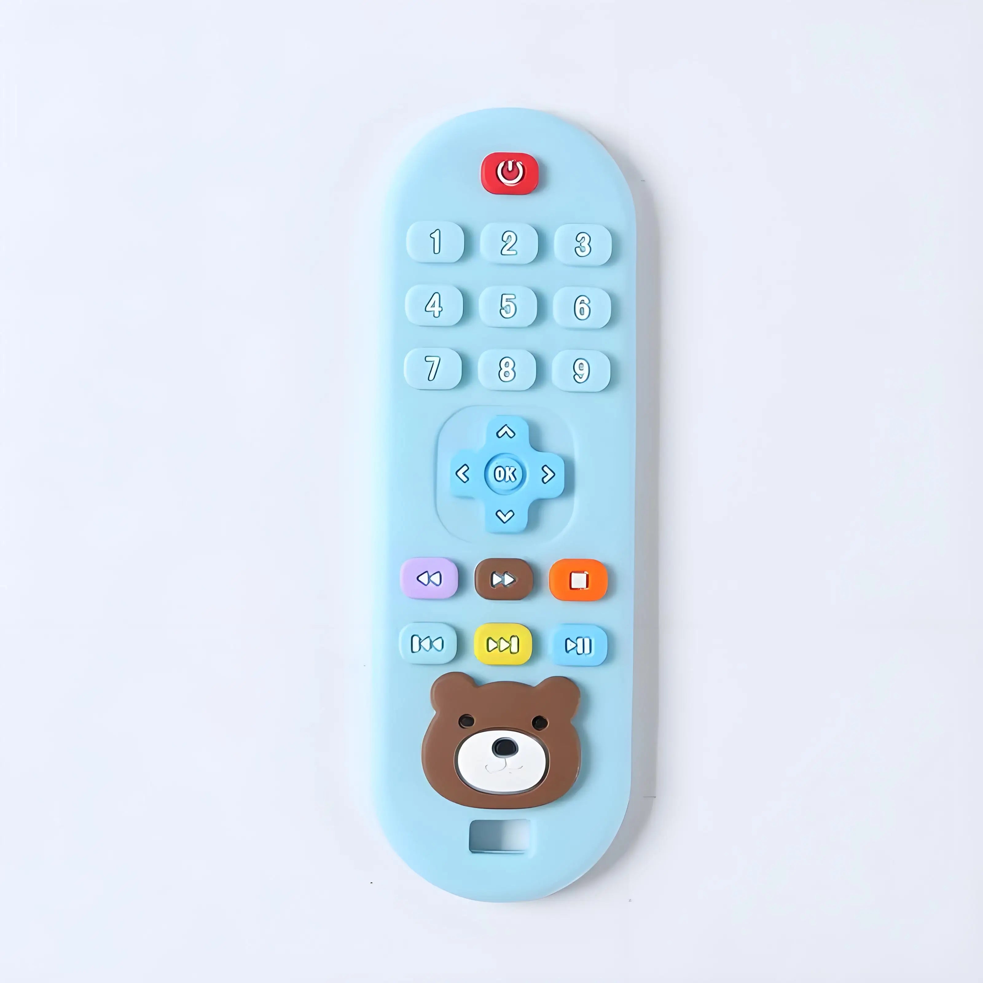 Light blue silicone remote control baby teething toy with cute bear face.