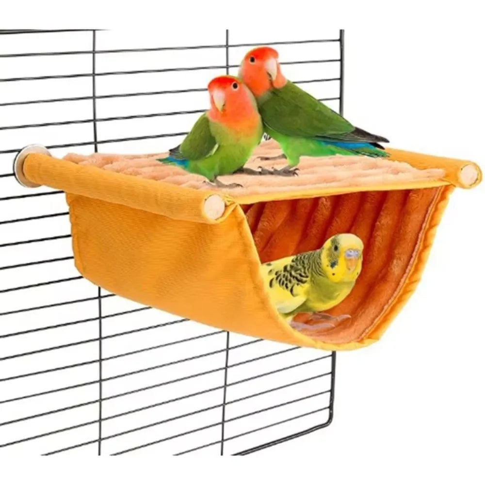 Washable yellow fleece bird hammock for cage, providing a cozy, warm perch and nest for small parrots and pet birds.