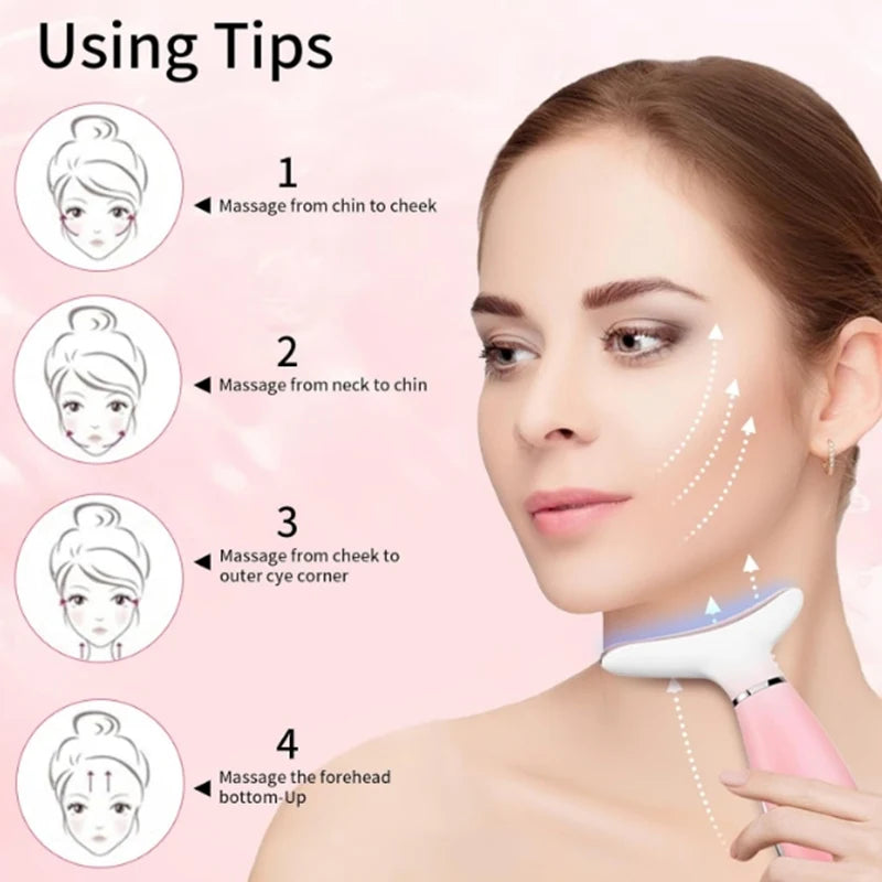 Woman using a pink and white, T-shaped handheld facial massager on her neck, with instructional diagrams on the side.