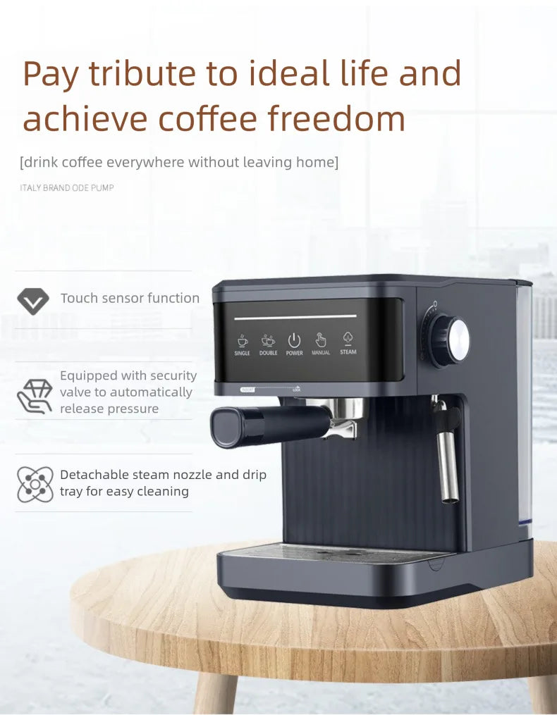 Black home espresso machine with touch sensor, steam nozzle, and pressure valve for barista-style coffee brewing.