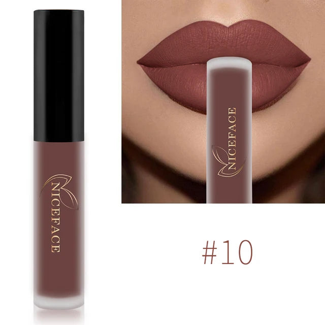 Niceface waterproof matte liquid lipstick in shade #10, a long-lasting brown mauve shade on lips.