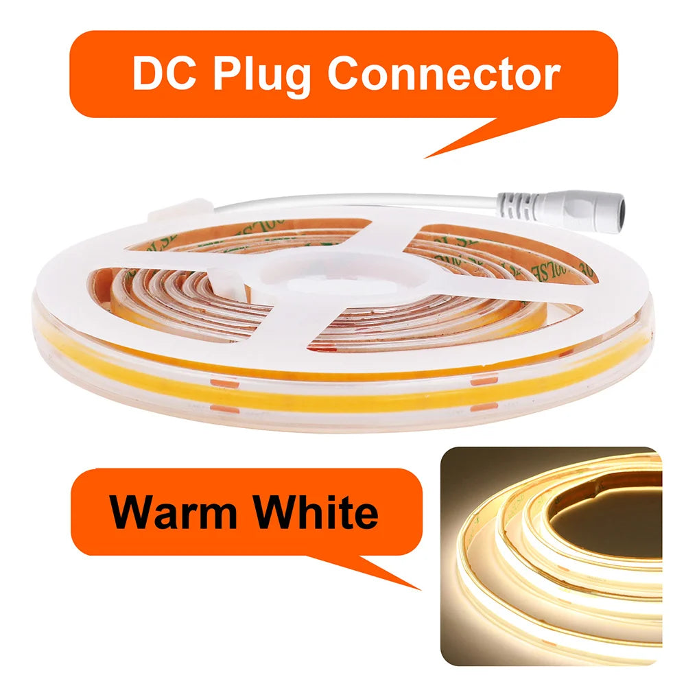 COB LED strip light with DC plug connector, warm white glow