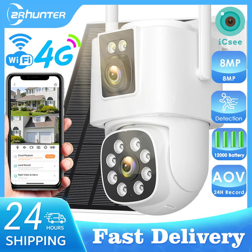 White outdoor solar PTZ security camera with dual-lens and side antennas.