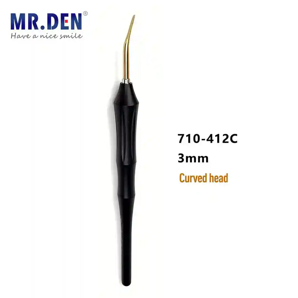 Dental composite placement instrument with a black handle and a 3mm gold-colored curved tip.