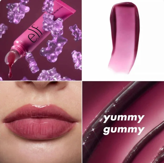 e.l.f. Melting Lip Balm in deep berry, showing glossy texture on lips, swatch, and gummy bear-themed packaging.