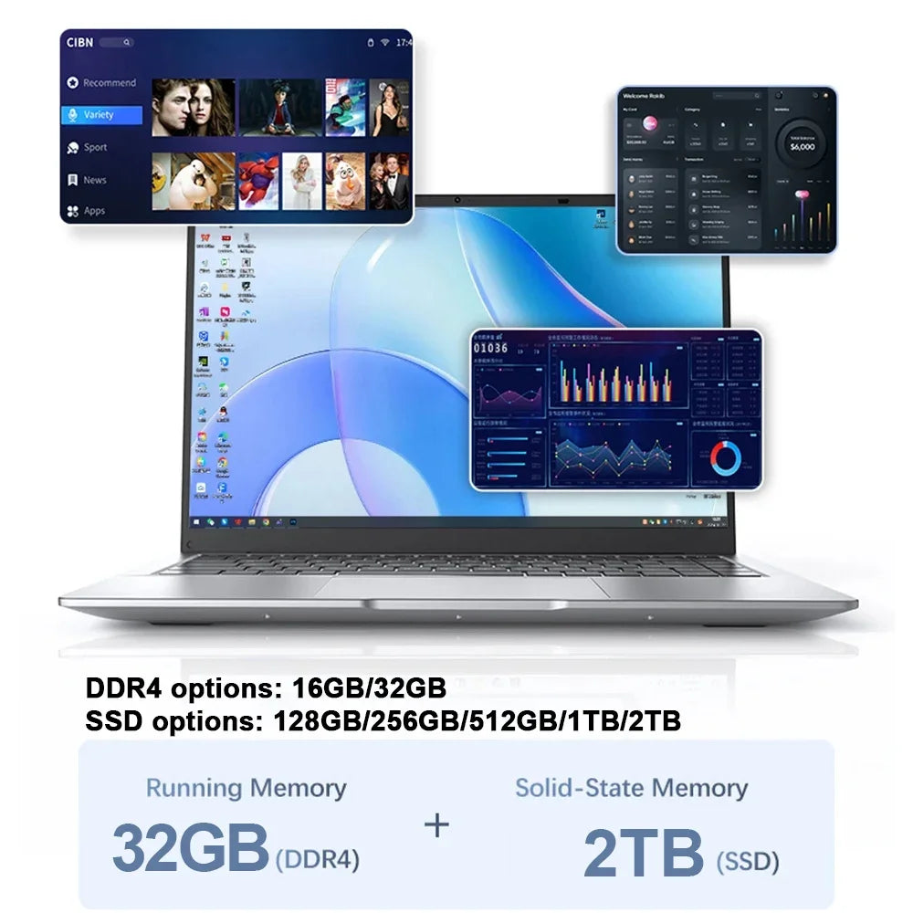 2026 New14.1 Inch Ultra Thin Laptop Intel N95 Win11 DDR4 2TB SSD Portable Slim Business Office Student Notebook PC 16GB 32GB RAM