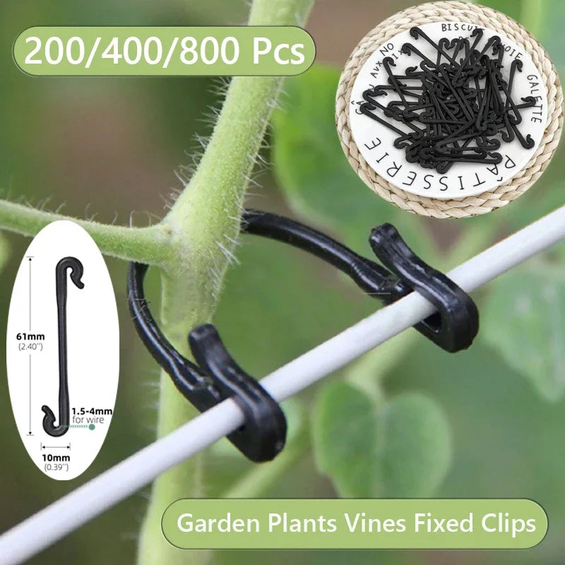 Black vine tie fixed clips with hook lashing, shown on a garden stem and wire