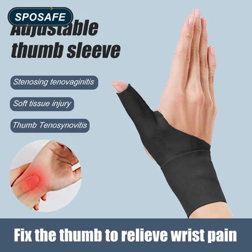 Black fabric thumb support wrap for orthopedic pain relief, tenosynovitis, and wrist stabilization.