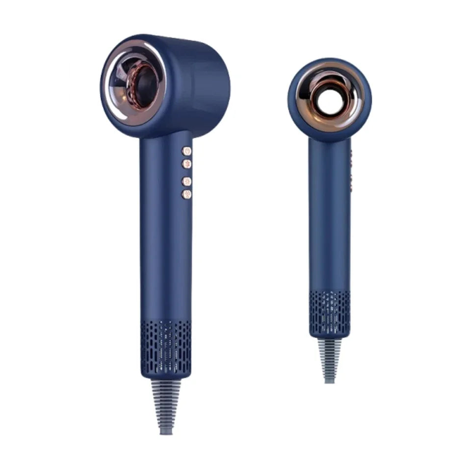 Blue 1600W silent negative ion hair dryer with rose gold accents and ergonomic, lightweight professional design.