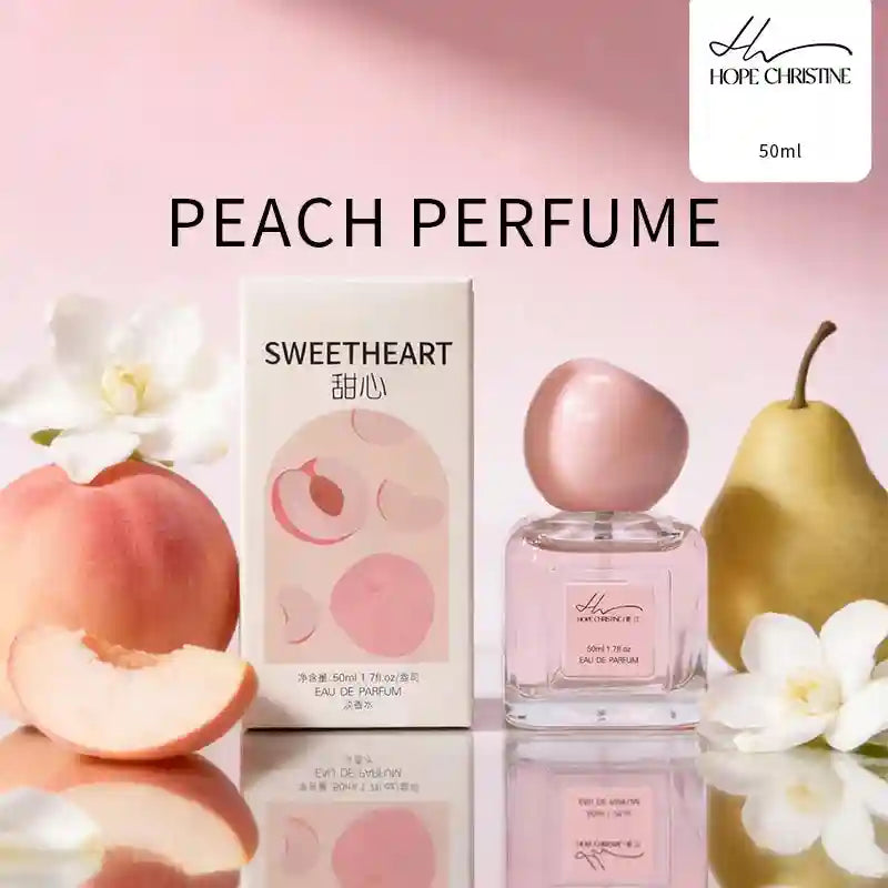 Hope Christine Sweetheart Peach Eau de Parfum for women, 50ml, in a square glass bottle with a round pink pebble cap.
