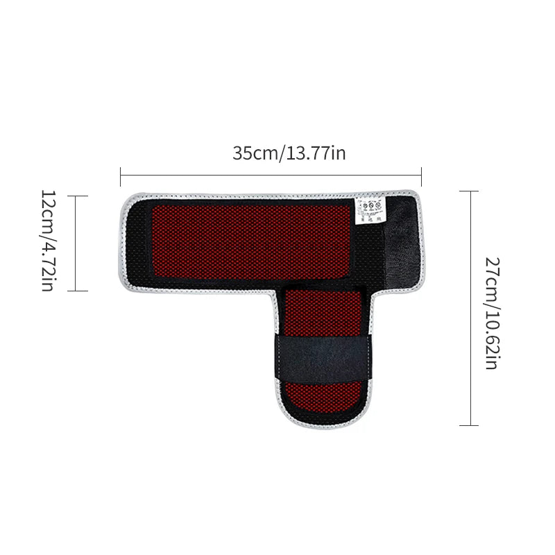 Red light ankle and foot heating sleeve with vibration massage for pain relief, showing dimensions in cm and inches.