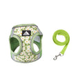 Green floral reflective pet harness and leash set, adjustable breathable mesh for small dogs and cats.