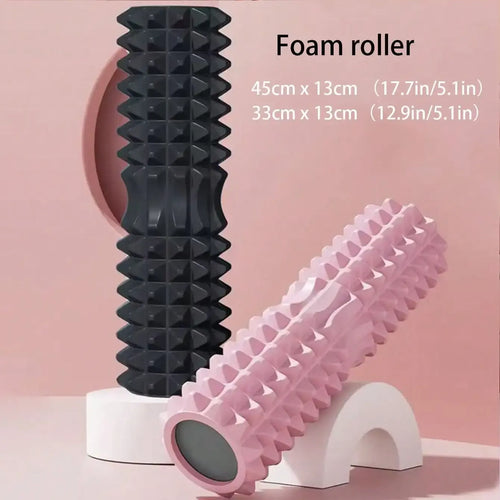 Crescent solid foam yoga roller 45x13cm for smart yoga mats, fitness, Pilates, and muscle relaxation, studio product view.