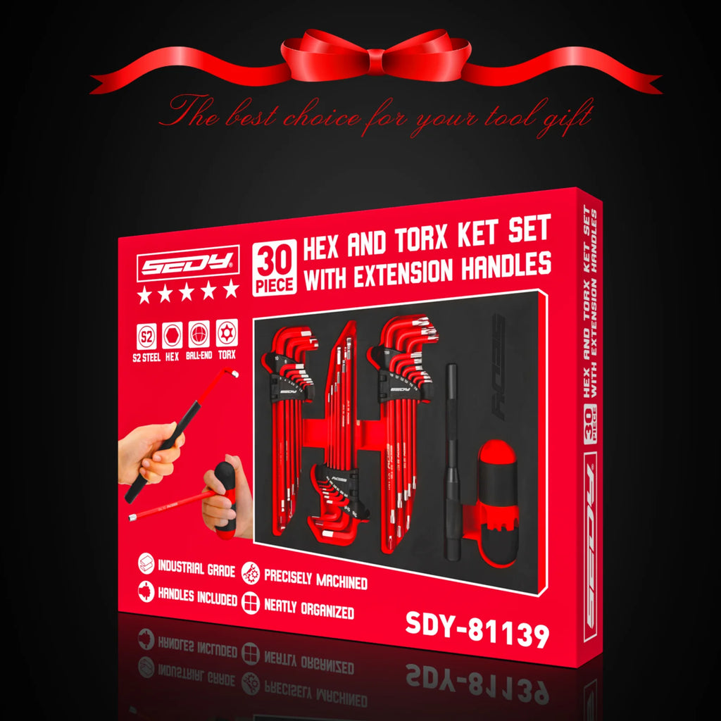 SEDY 30pcs Long Arm Ball End L-Hex & Torx Key Set with Grip Handle Hex Key Wrench Set with T-Handle and Extension Bars