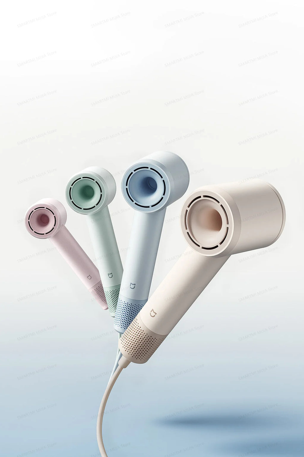 MIJIA high-speed hair dryers in four pastel colors, featuring compact, lightweight designs and professional airflow.