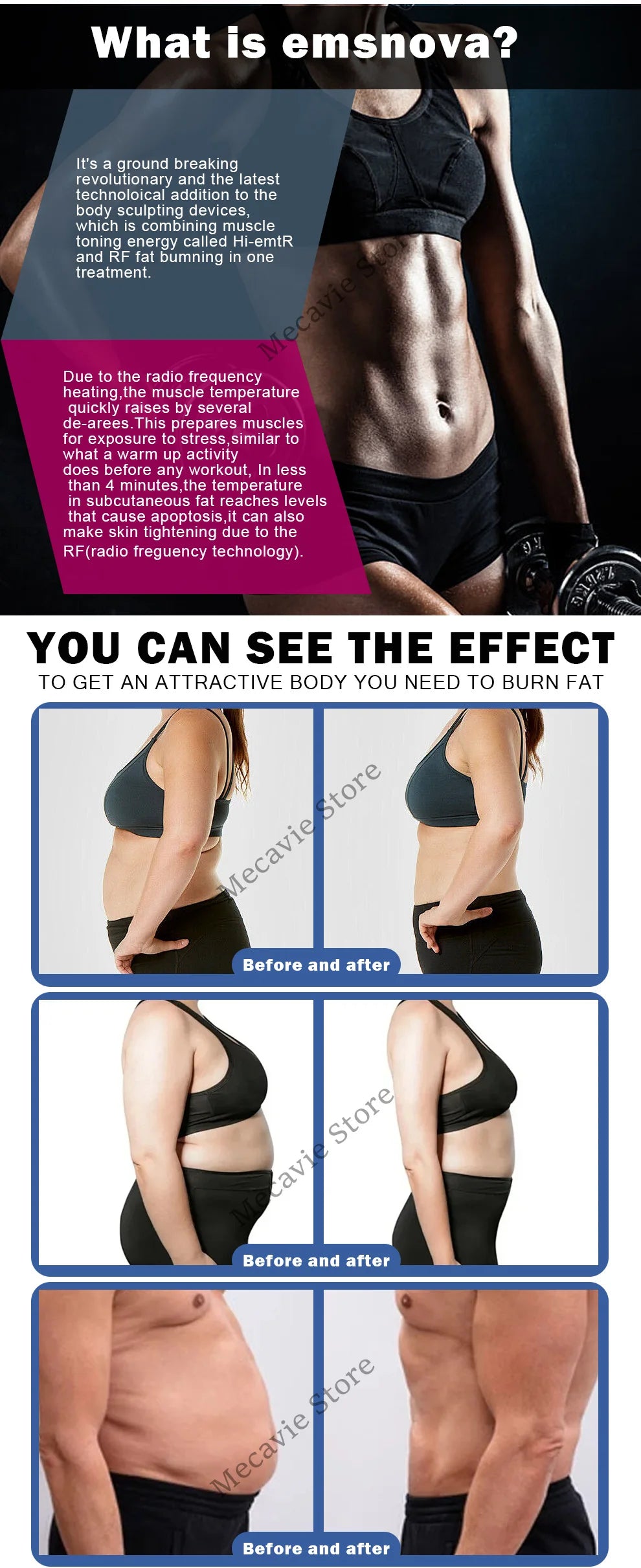 MECAVIE 6500W EMS RF body shaper machine showing before and after fitness results for muscle toning and fat reduction.