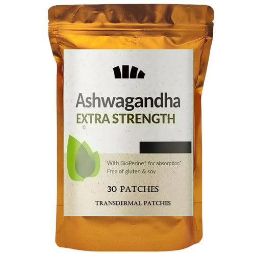 Gold pouch of 30 Ashwagandha transdermal patches for adaptogen stress relief and extra strength support.