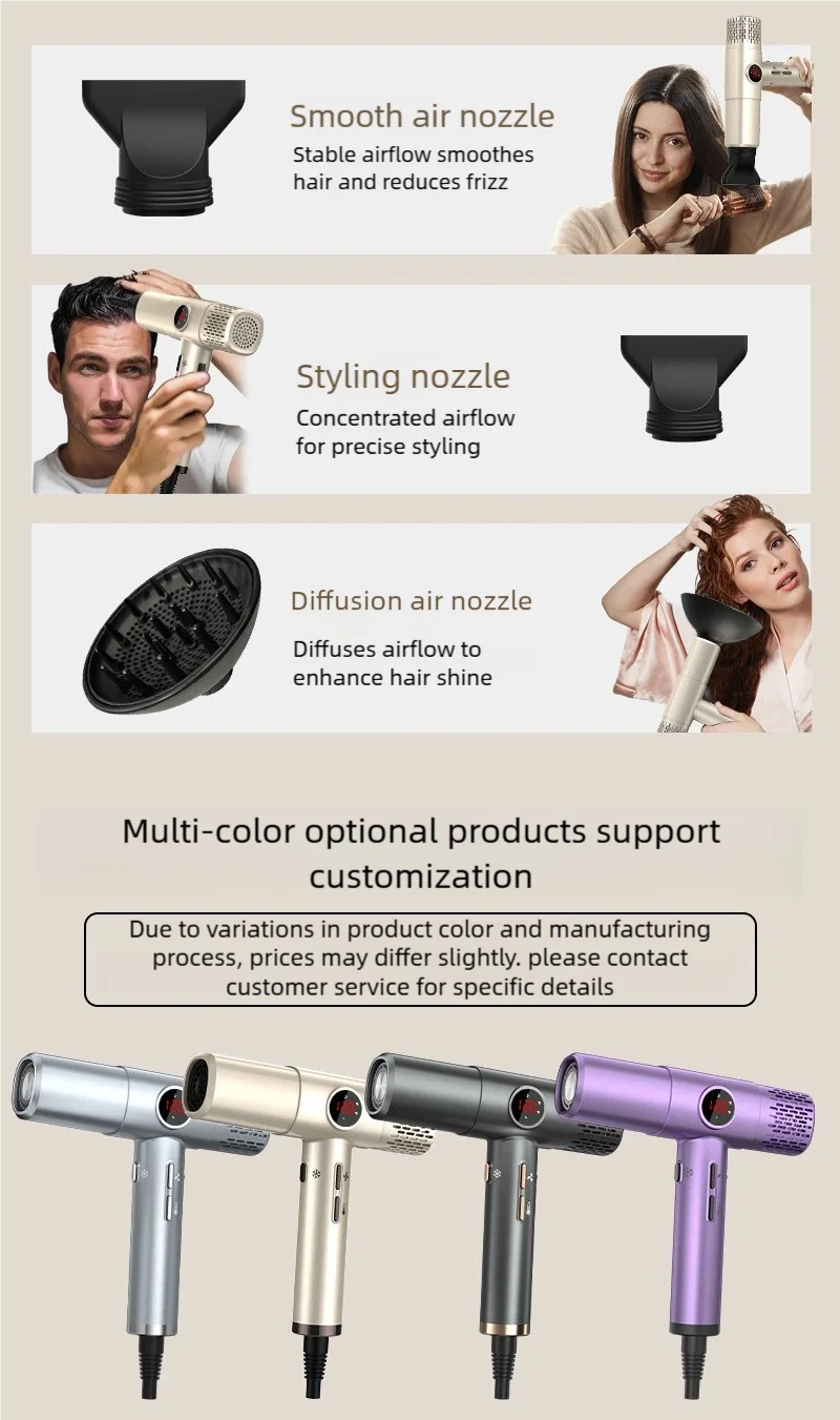 TINSOL high-speed negative ion hair dryer with nozzles for smooth, styling, and diffusing in multiple colors.