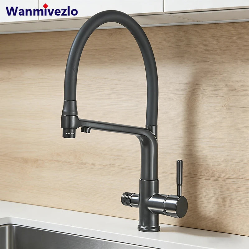 2-in-1 Filtered Kitchen Faucet, Dual Outlet Drinking Water Purifier Tap with Flexible Black Gooseneck, 360° Rotatable Single Handle Hot Cold Mixer Tap