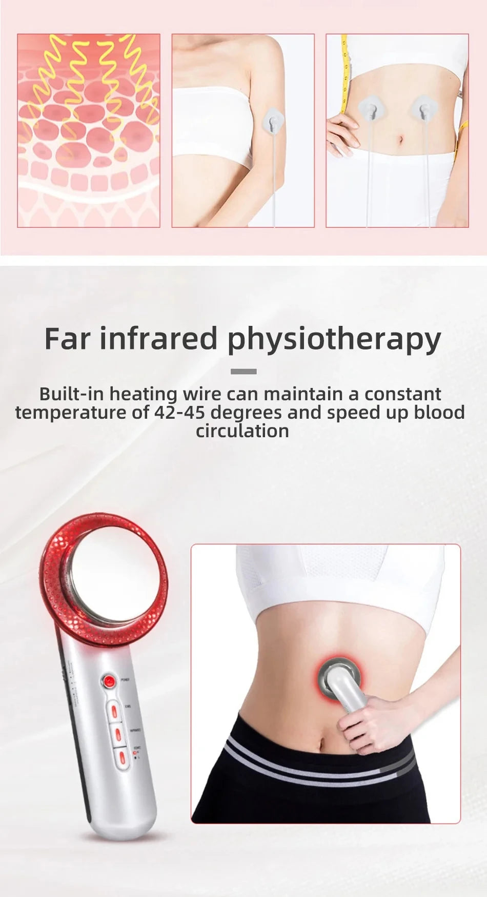 Handheld ultrasonic slimming device with red LED head, silver body, and white EMS electrode pads for body treatment.