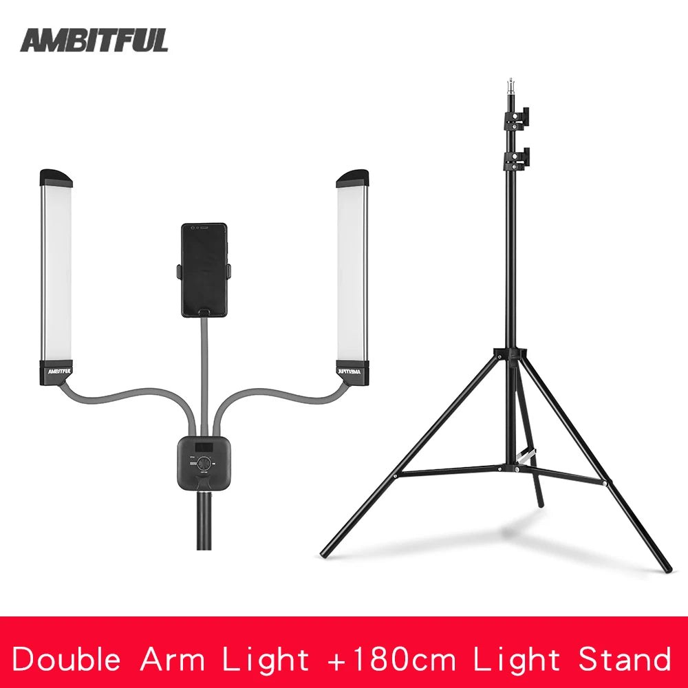Double arm LED light with center phone mount on a black 180cm tripod stand for studio photography and video lighting.