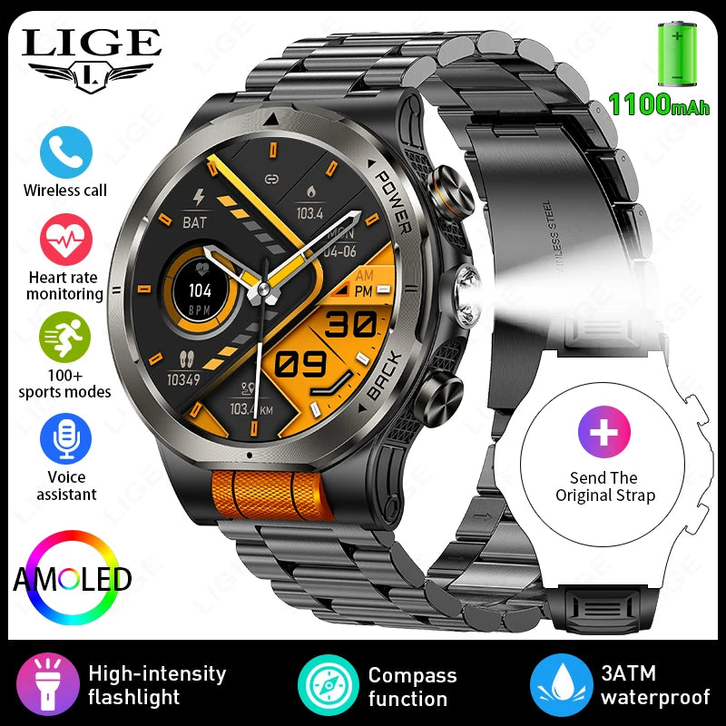 LIGE smartwatch with stainless steel bracelet, black face with orange markers; compass dial.