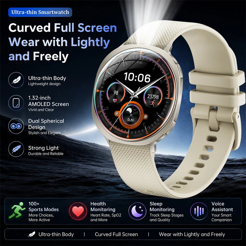 Round smartwatch with dark screen and white silicone sport band showing 10:06