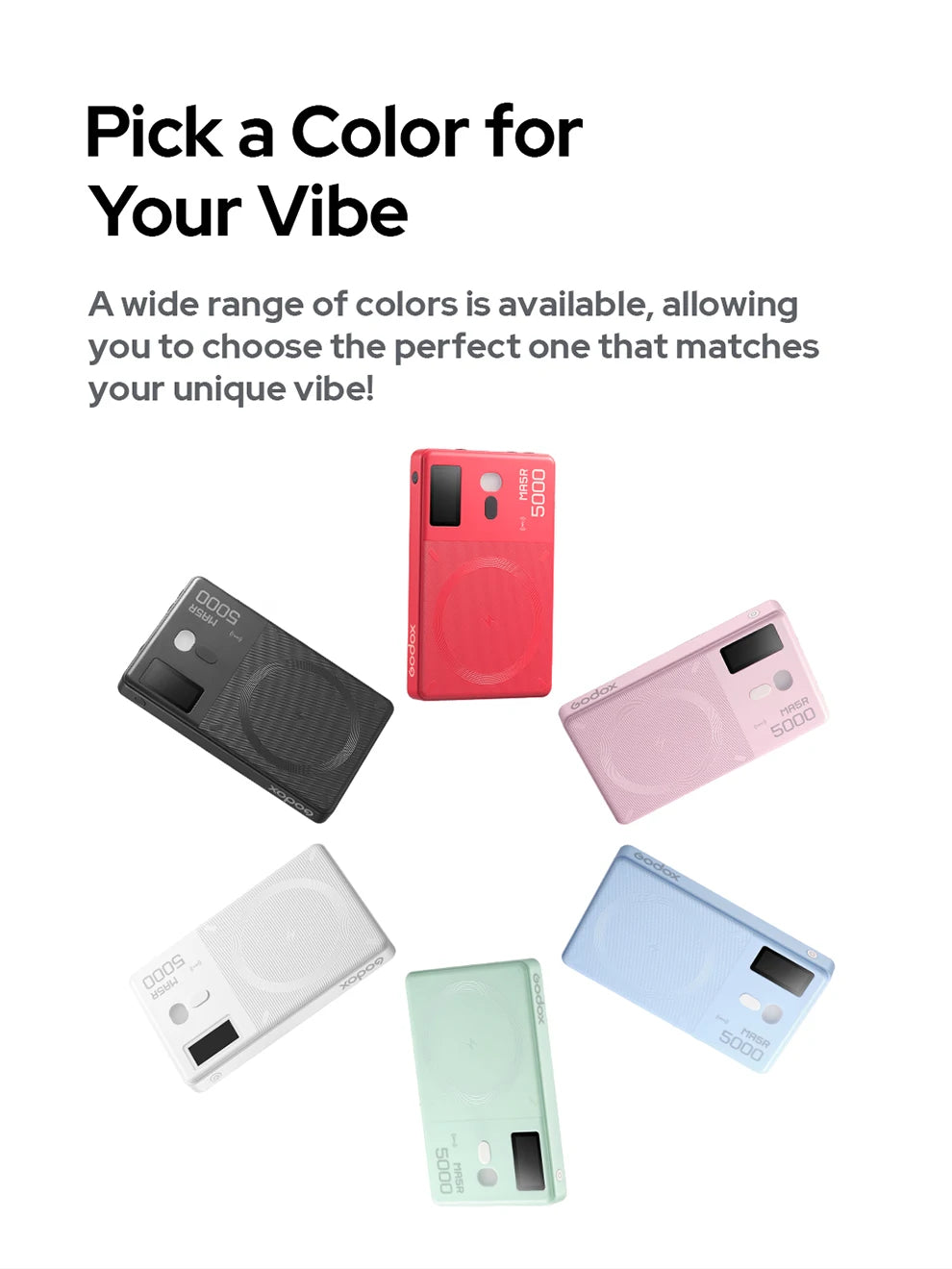 Rectangular magnetic power banks in black, red, pink, blue, green, and white, featuring a digital display.