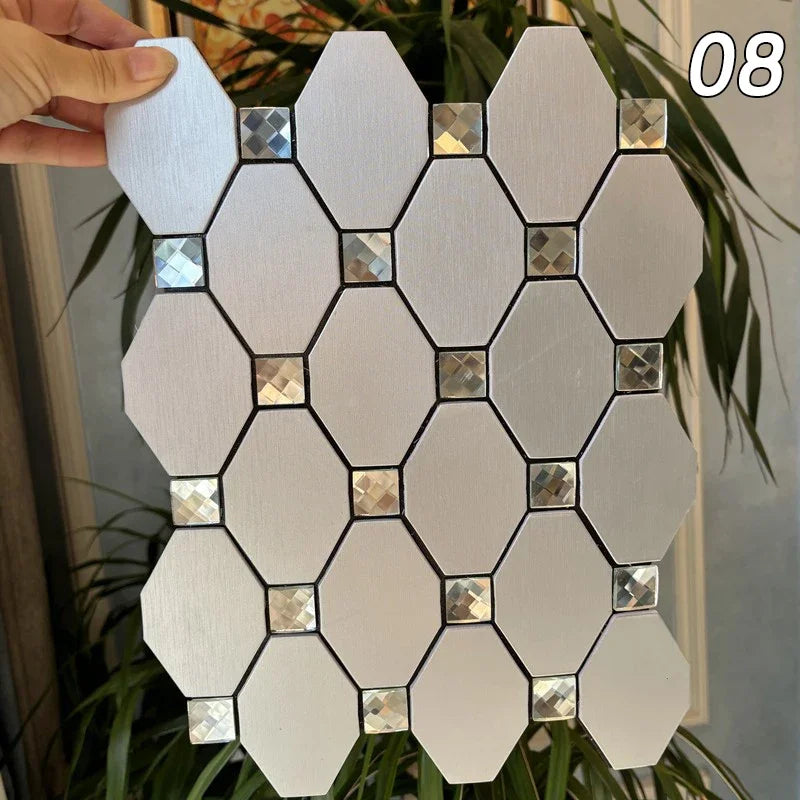 Light gray hexagon mosaic peel-and-stick wall tiles with silver reflective square accents