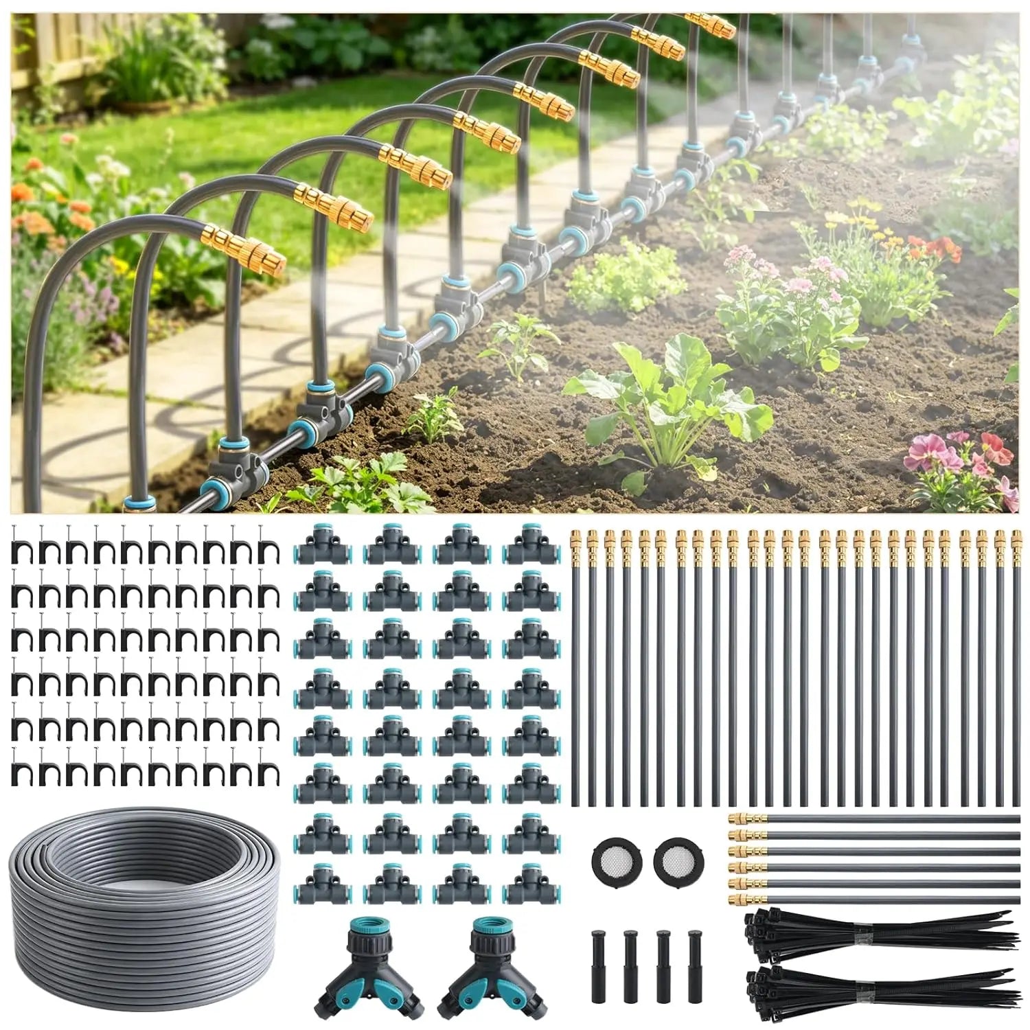 100 200FT 1/4" Drip Irrigation System Kit Automatic Garden Watering System With 16Pcs Adjustable Spray Nozzles For Garden Lawn