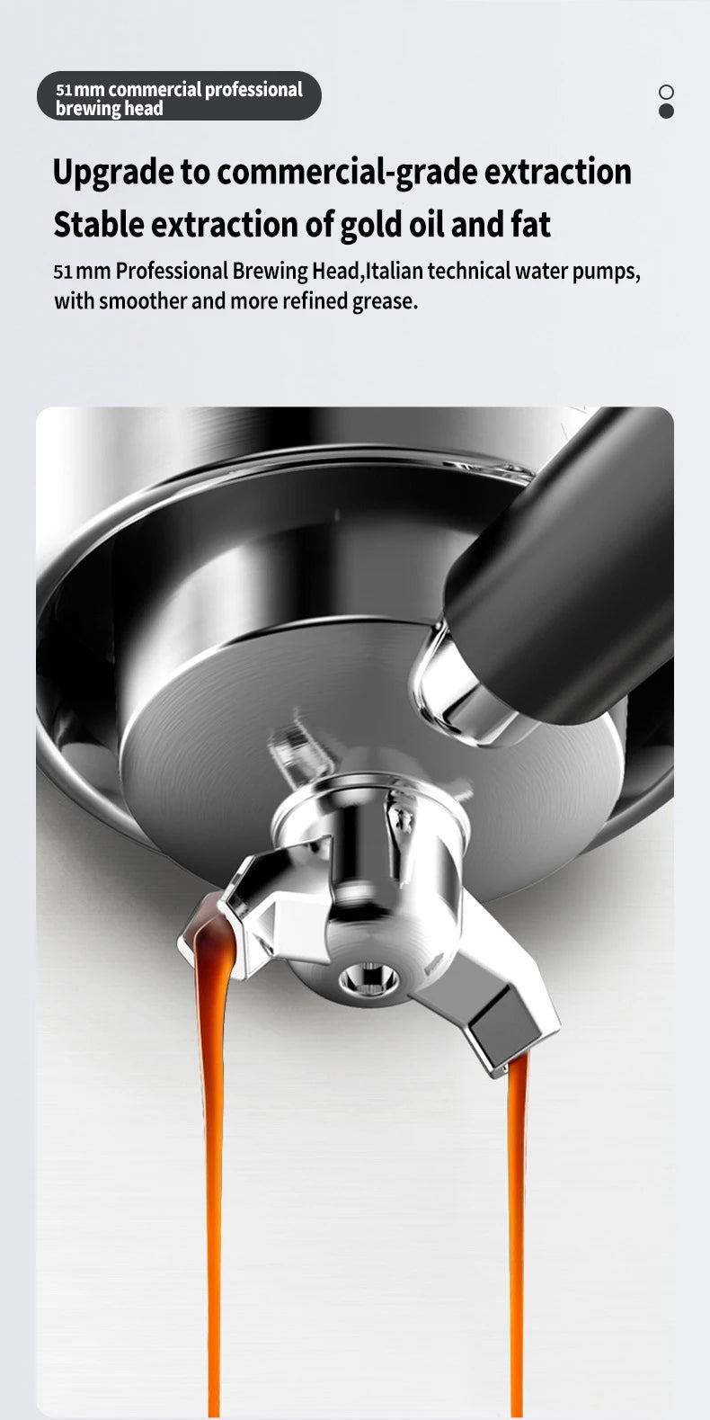 Stainless steel 51mm professional espresso machine portafilter brewing head dispensing double shots of espresso.