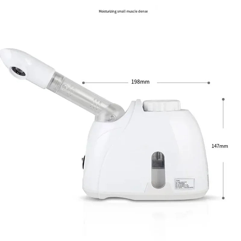 Portable white facial steamer machine for home spa, featuring nano mist sprayer and dimensions for skincare hydration.