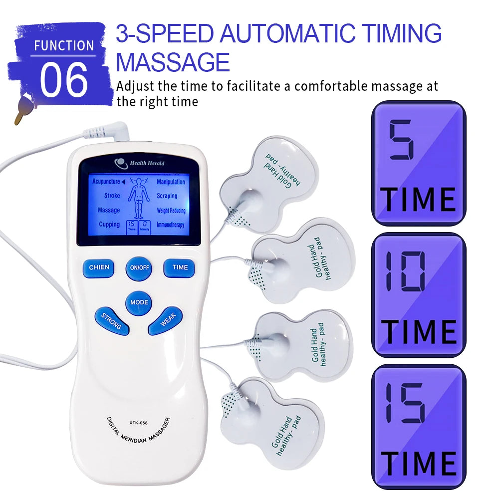 White TENS unit pulse massager with 8 modes, digital display, and 4 electrode pads for pain relief and EMS therapy.