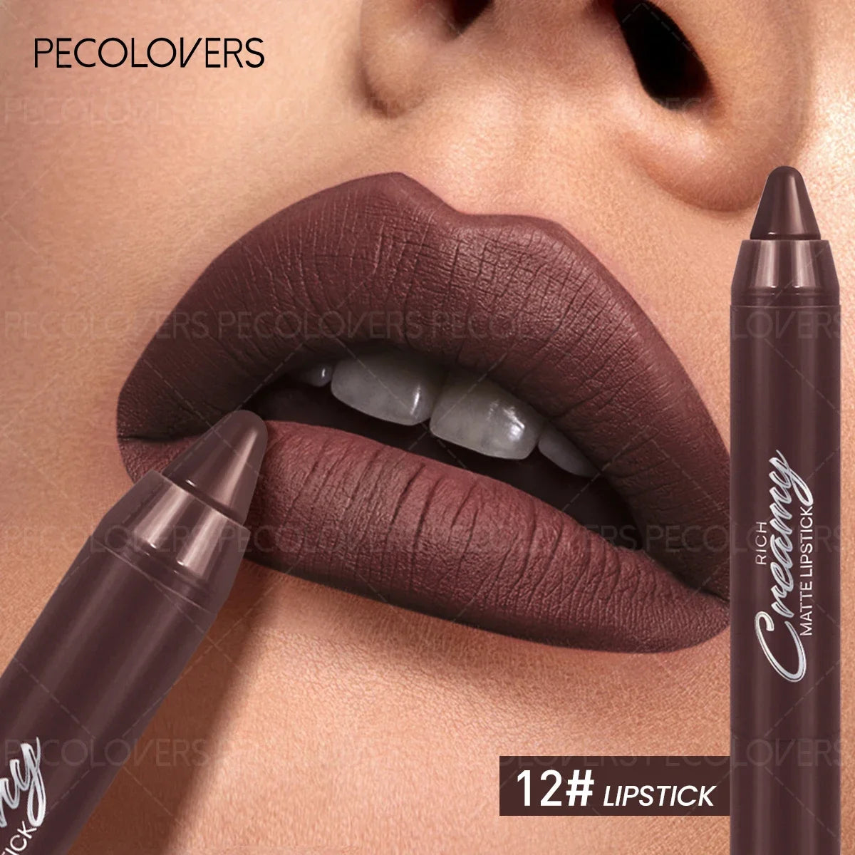 Soft matte brown lipstick crayon by Pecolovers, providing rich, creamy, moisturizing lip makeup coverage.
