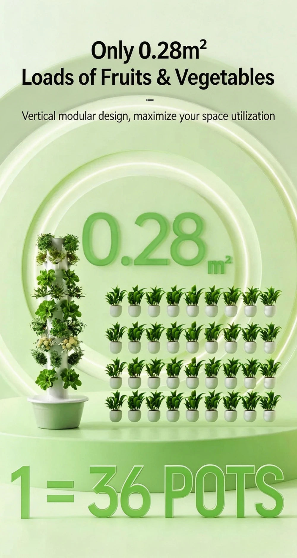 Vertical aeroponic tower garden with multi-tier planting holes and leafy seedlings