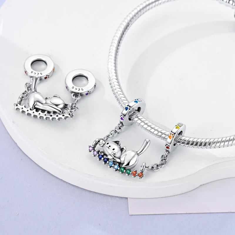 925 sterling silver cat pendant charm with colorful crystals, fits DIY charm bracelets for pet lovers.