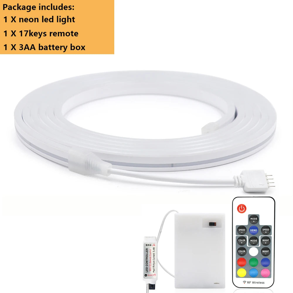 White LED neon strip light roll with 3AA battery box and 17-key remote