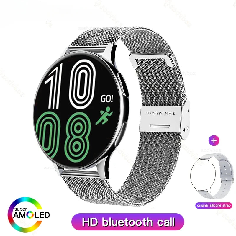 Silver metal mesh smartwatch with black display and green fitness icons