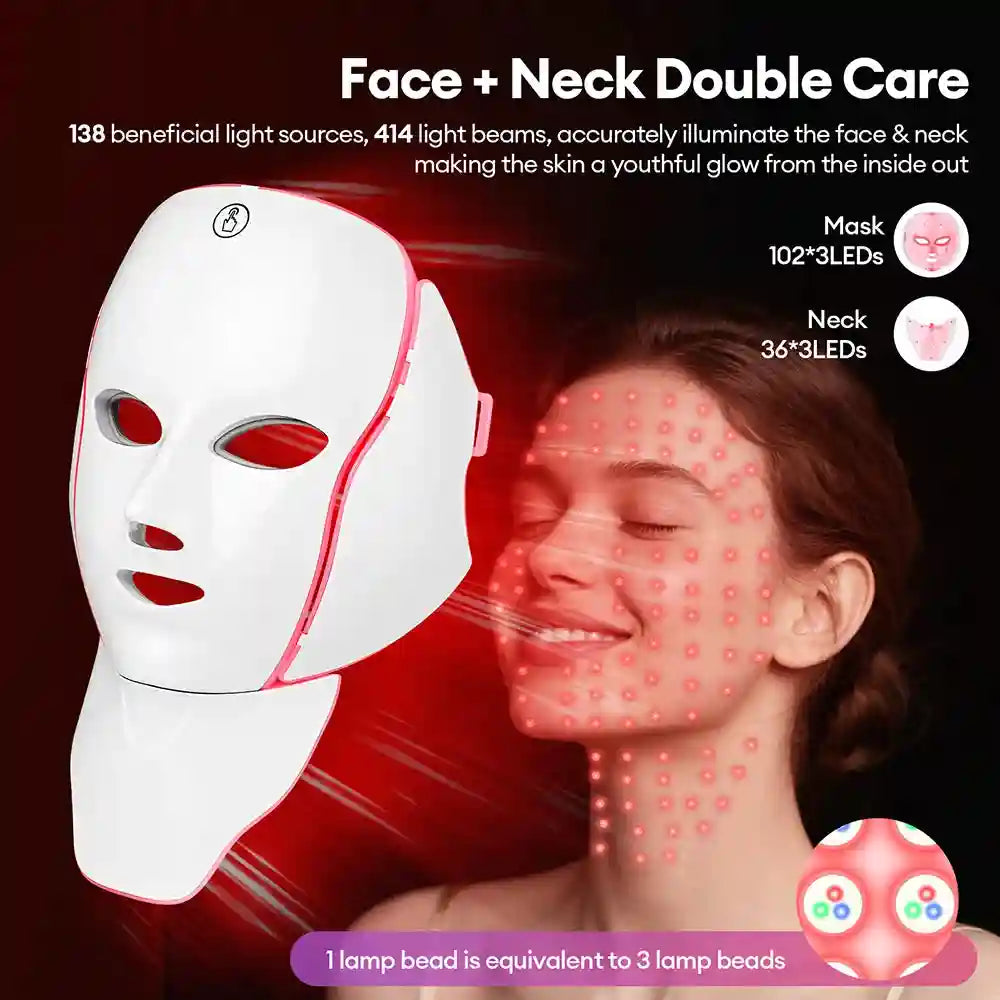 7 Color LED Facial Mask with Neck Light for Skin Rejuvenation Therapy Massage Cushion Tidesmit