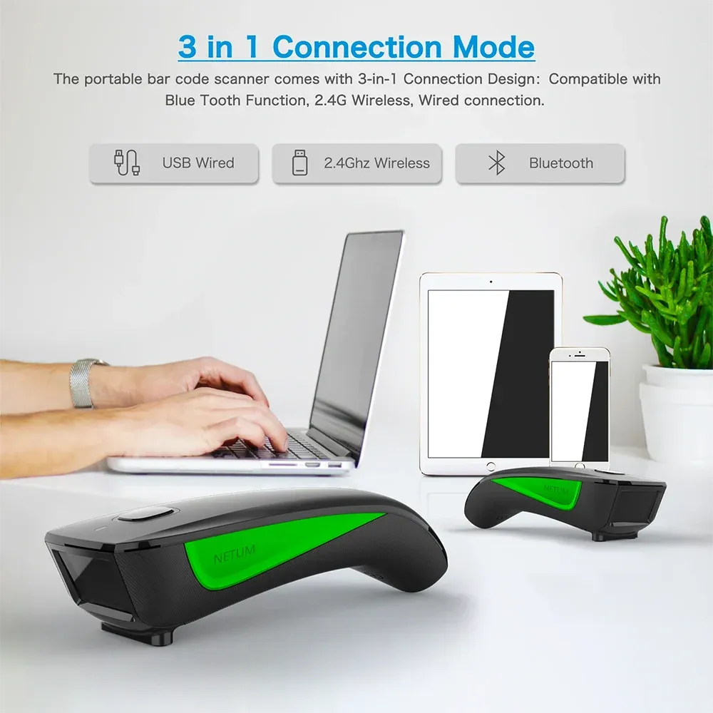 Wireless barcode scanner placed on desk near laptop, with green indicator panel