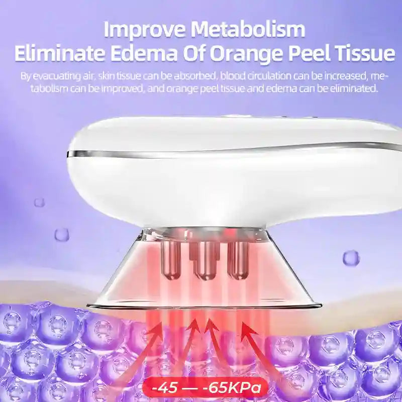 White, handheld 4-in-1 body sculpting device with a clear suction head, red light therapy, and massage nodes.
