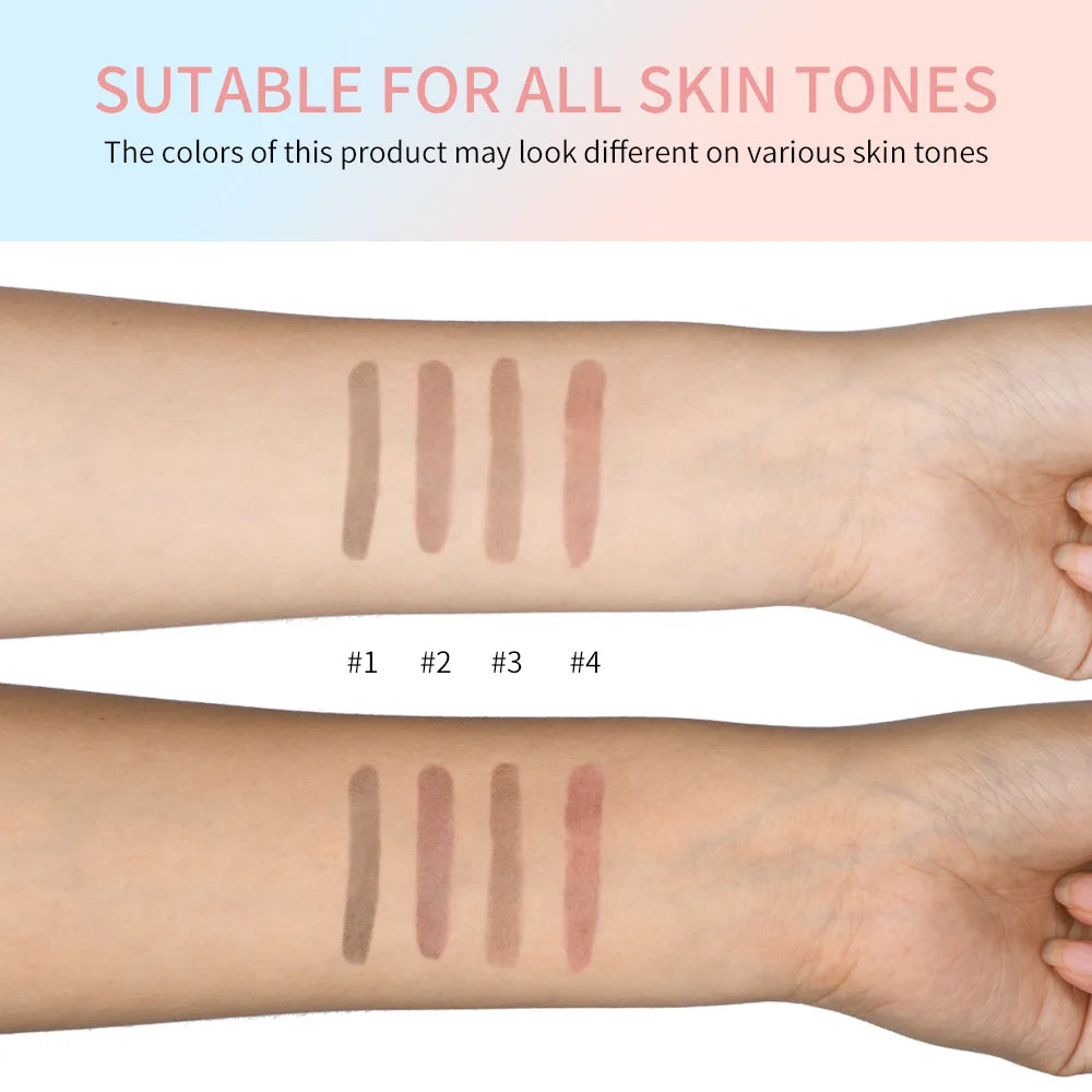 4 colors of waterproof matte peel-off lip liner swatched on arms, showing long-lasting pigment for all skin tones.