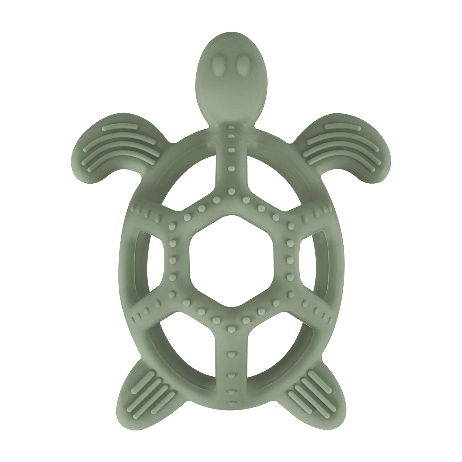 Sage green silicone baby teething toy shaped like a turtle for pain relief.