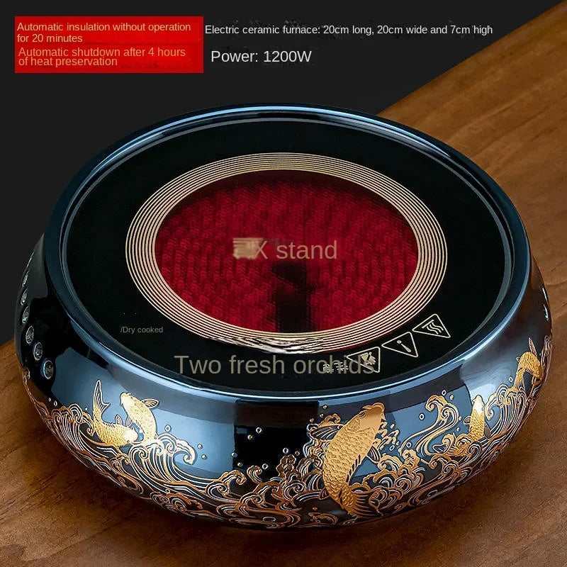 Black ceramic 1200W electric tea stove with gold koi fish design, 20cm round heating surface for tea kettles.
